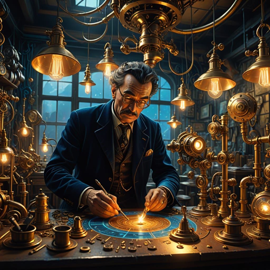 Dreamlike Inventor's Workshop in Vibrant Steampunk Style