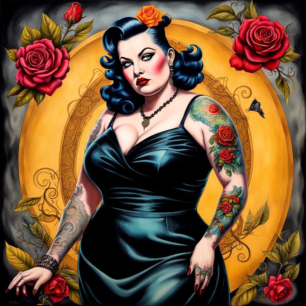 1950s Pin-Up Goth Woman Portrait in Alcohol Ink Style