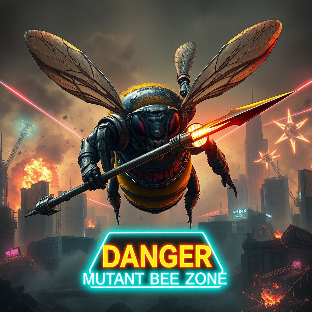 Cyberpunk Bee Warrior in Wasteland Environment
