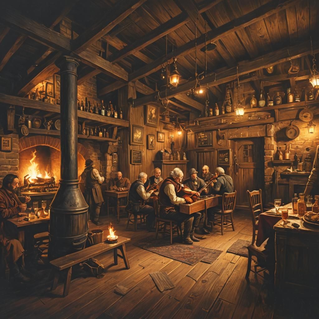 Tavern Scene with Fiddler in Oil Painting Style