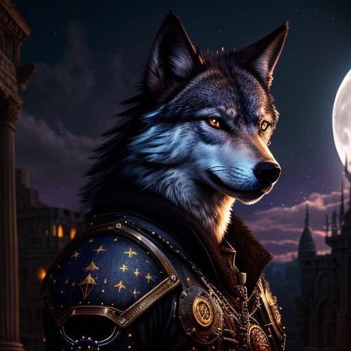 Steampunk Wolf Under Starry Sky and Full Moon