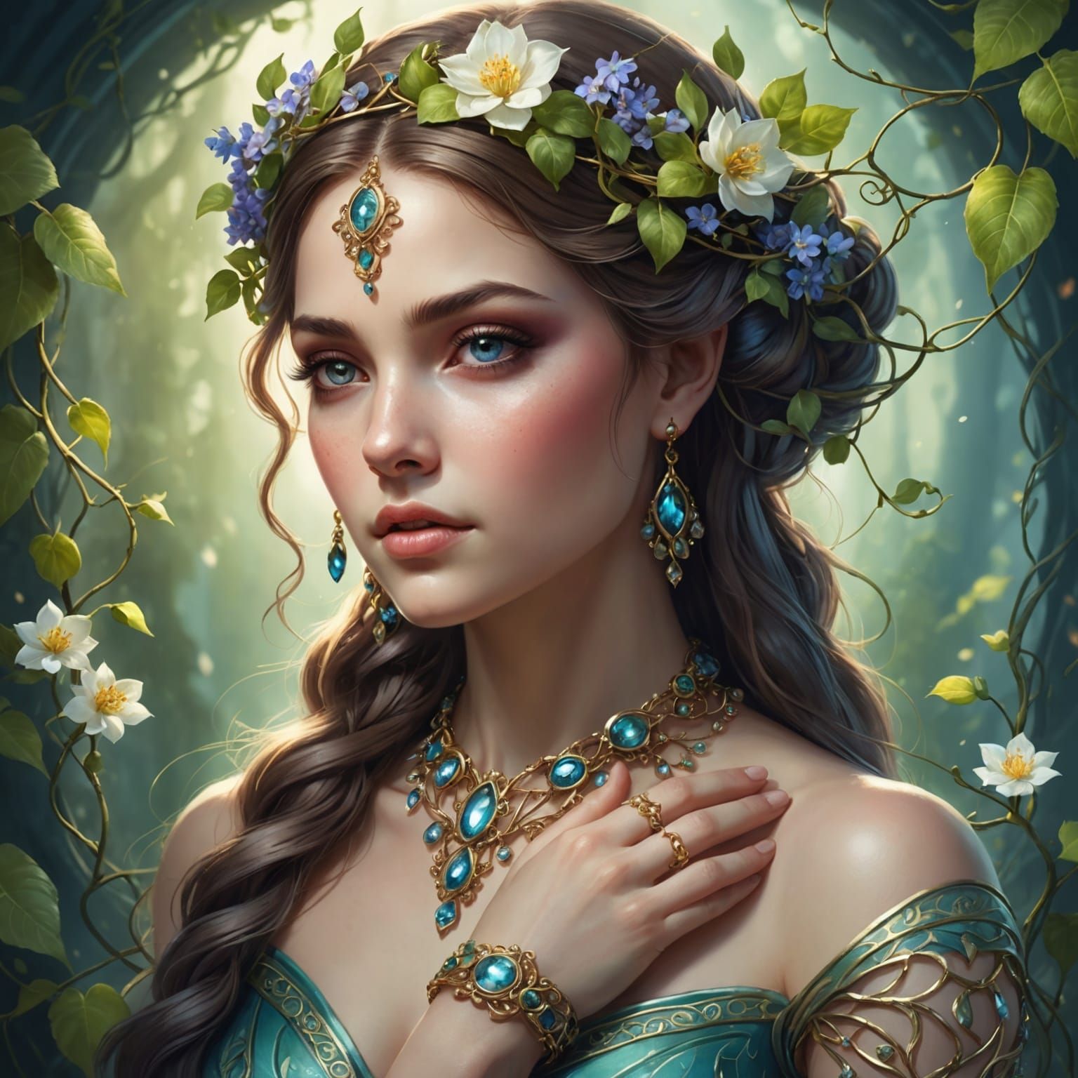 Ethereal Spring Goddess Portrait in Digital Painting Style