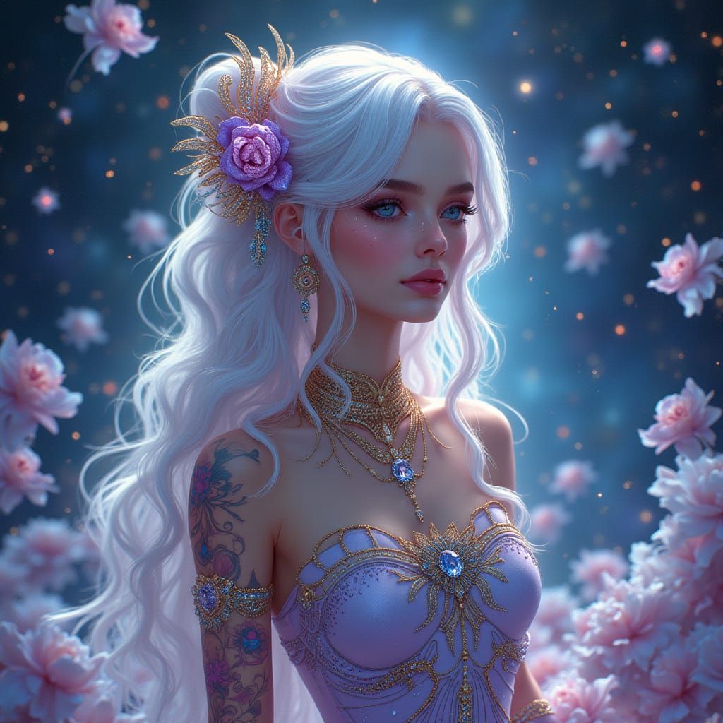 Futuristic Goddess with Luminous Tattoos in Cosmic Garden