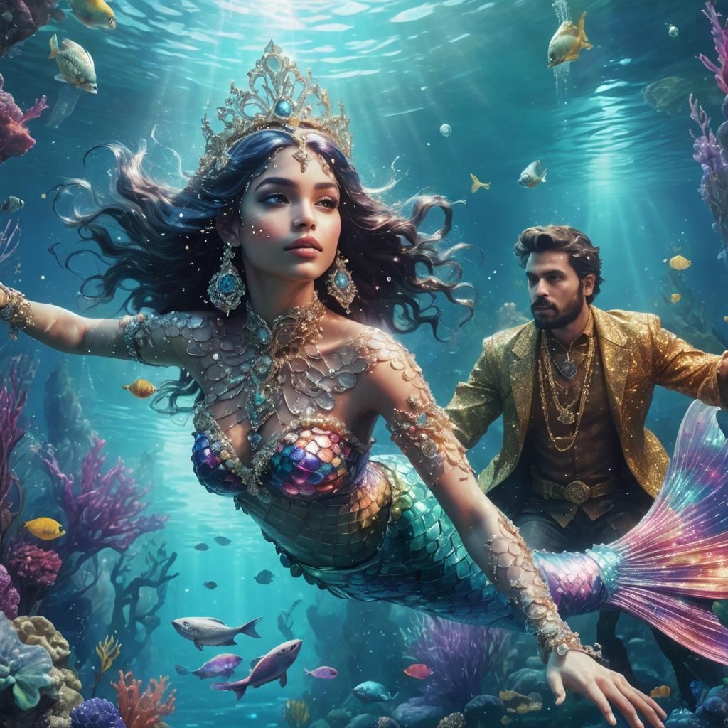 Astral Mermaid with Tiara in Cosmic Underwater Scene