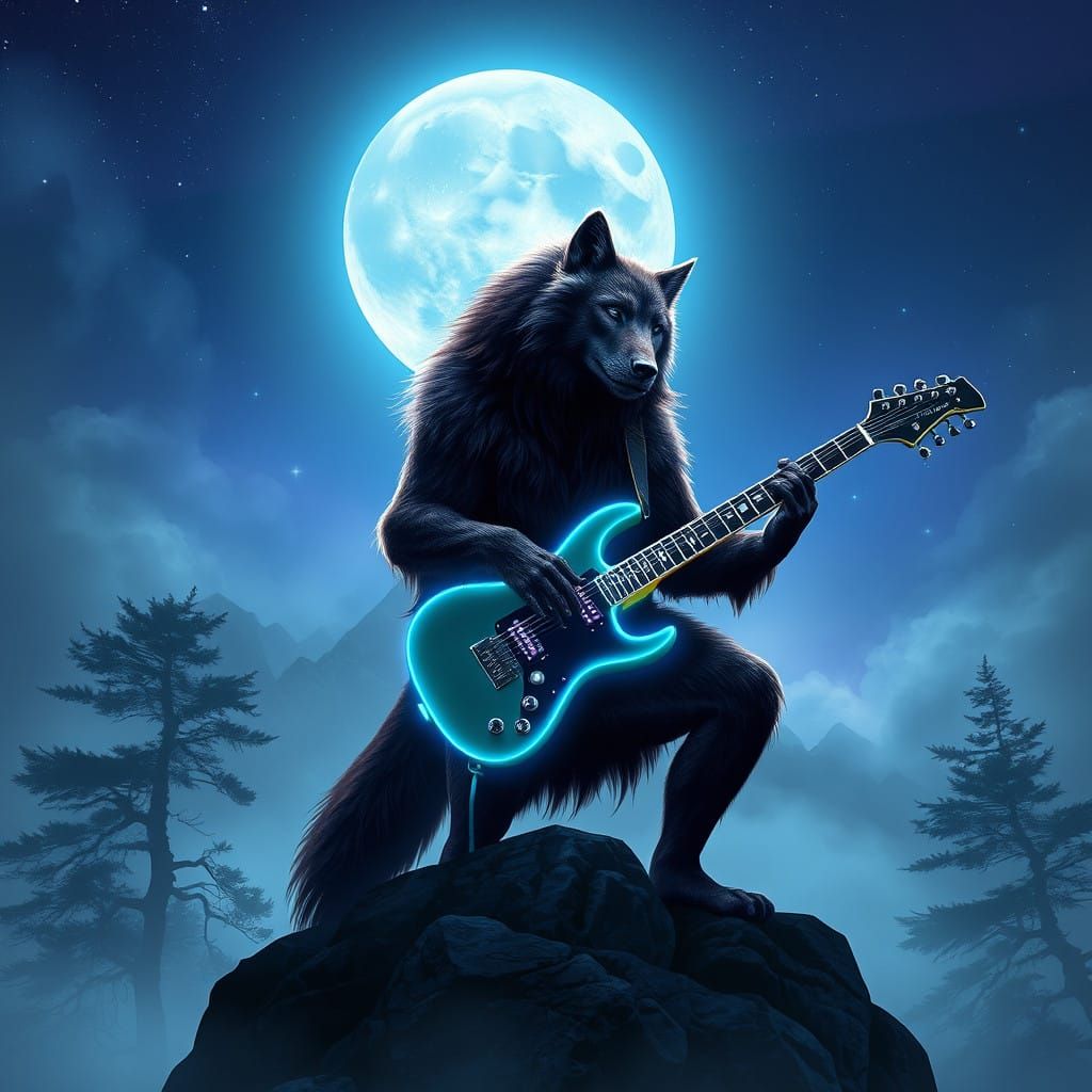 Majestic Werewolf Shreds Electric Guitar Under Full Moon