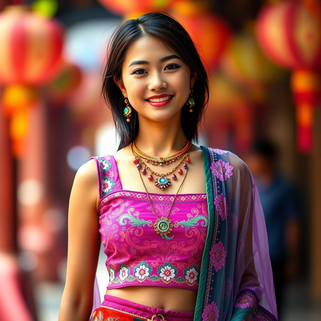 Tibetan Woman in Intricate Outfit with Festive Design