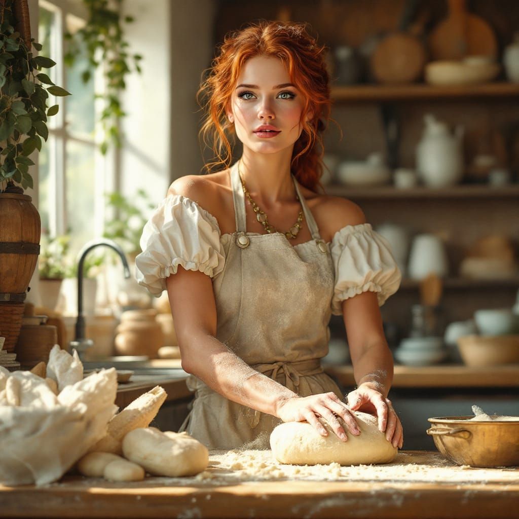 Redhead Baker Kneading Dough with Solarpunk Flair