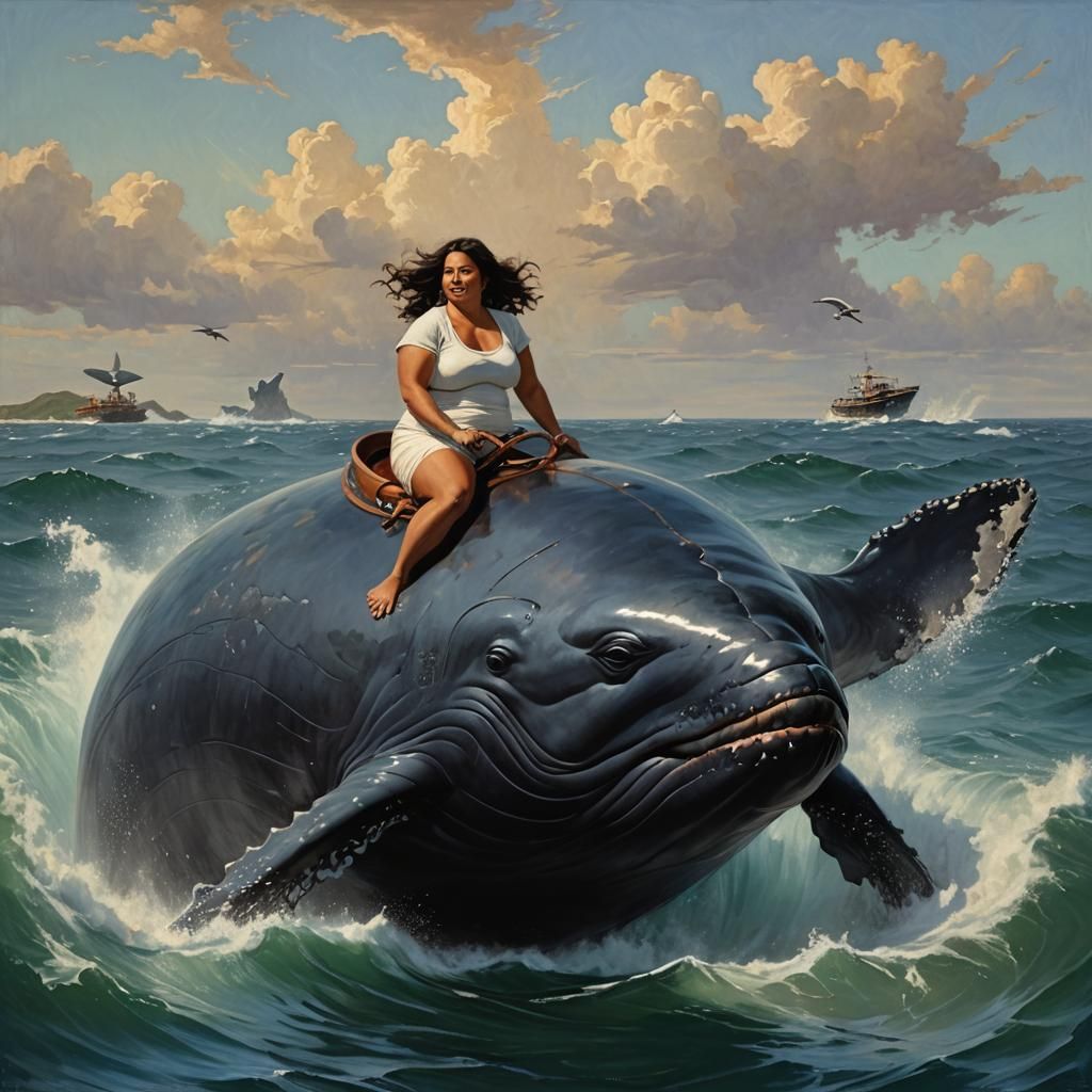 Woman Rides Whale: Oil Painting in Gurney Style