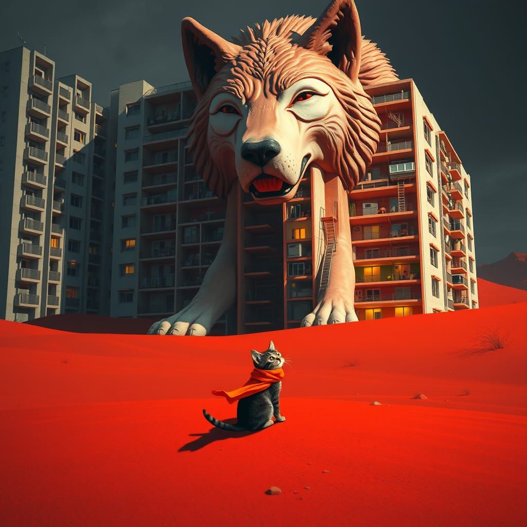 Tiny Cat and Gargantuan Wolf in Sinister Landscape
