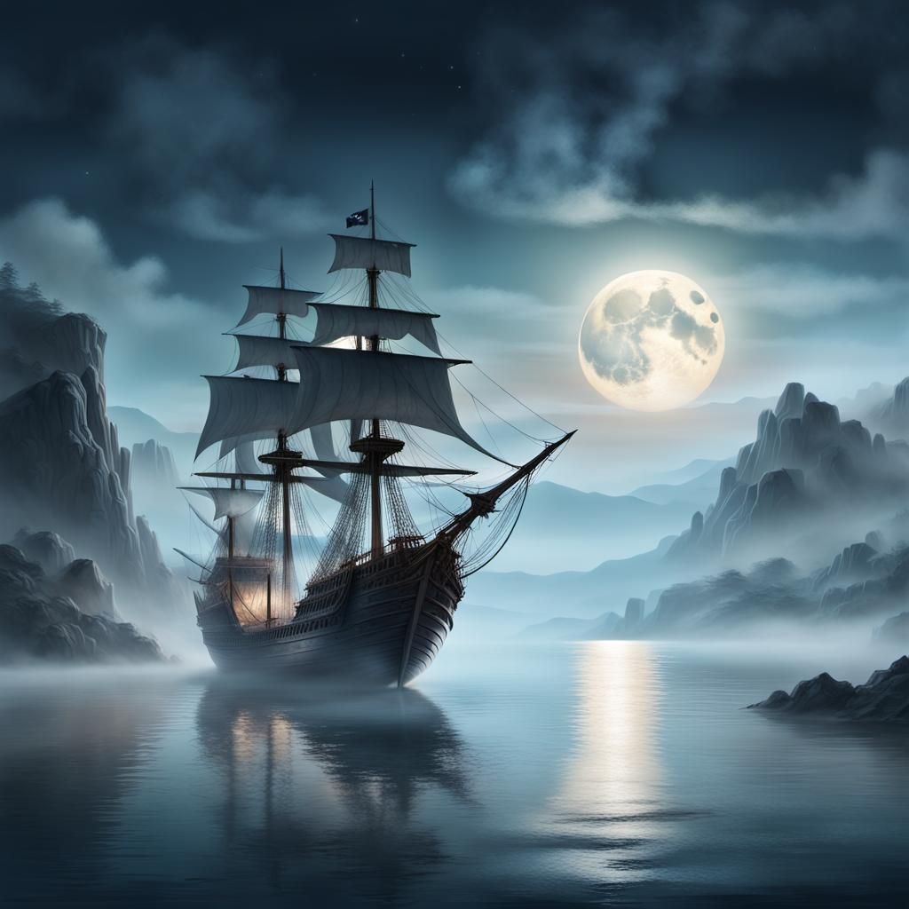 Ethereal Pirate Ship Floating Above Misty Sea