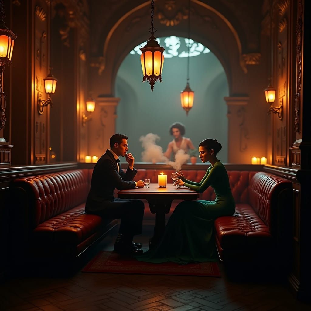 Luxurious Speakeasy Bar Scene in Mysterious, Atmospheric Sty...