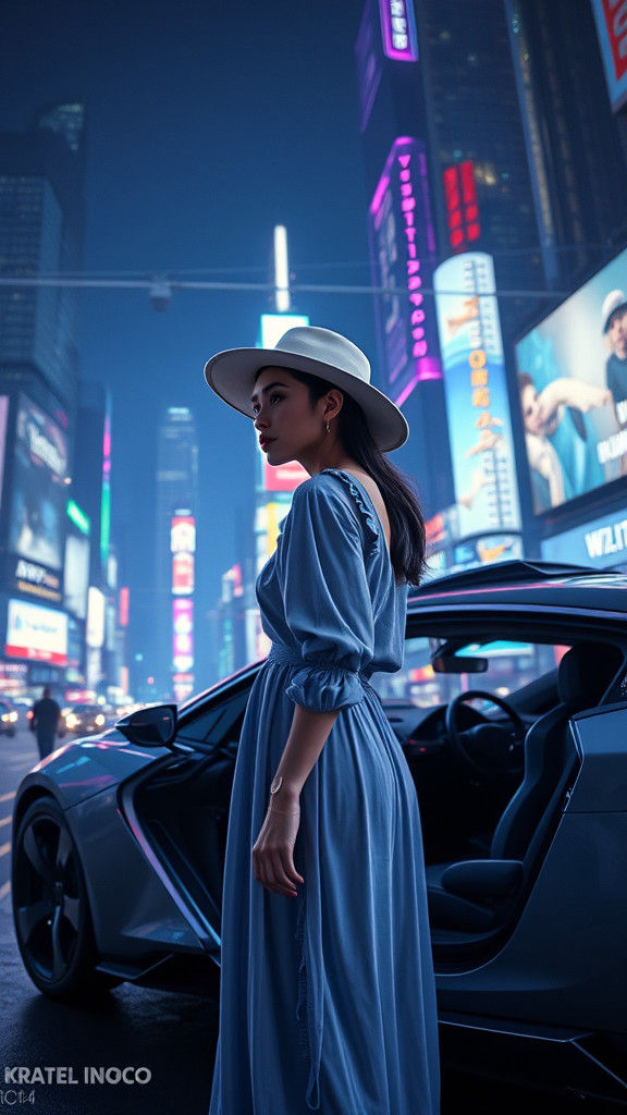 Futuristic Cityscape with Woman in Blue, Matte Painting