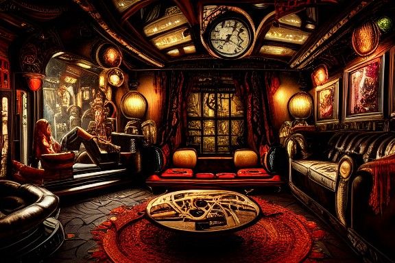 Detailed Steampunk Cinema Interior in Eclectic Style
