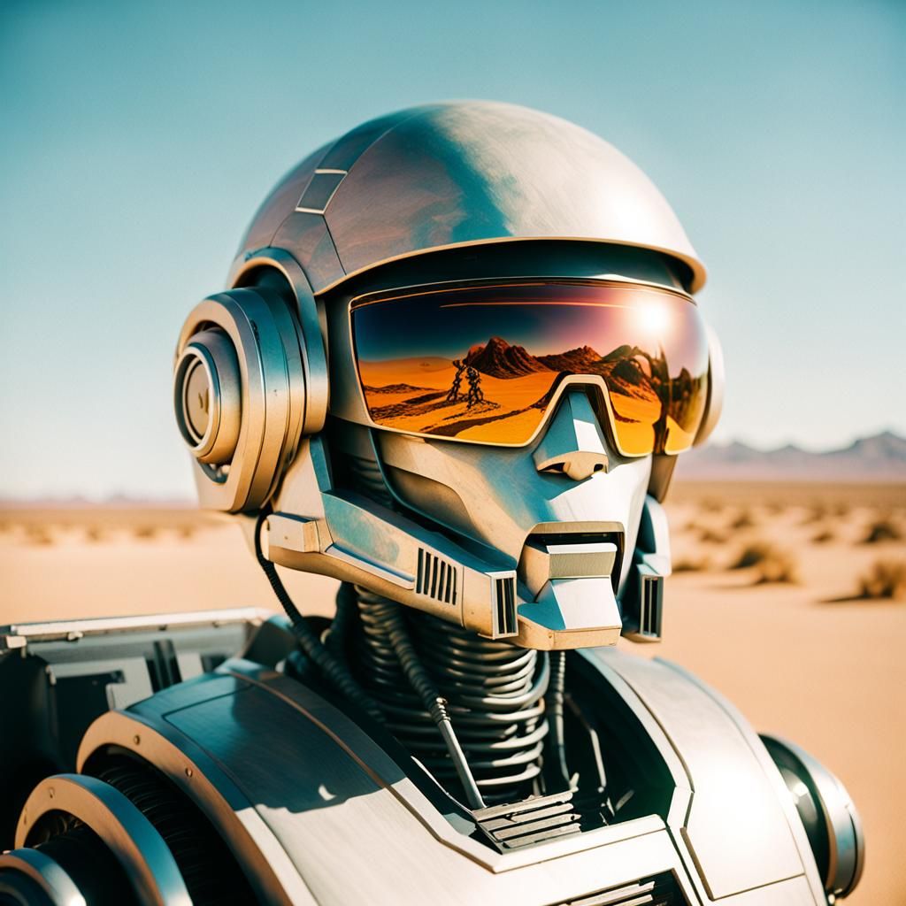 Robot Bust Driving Spaceship in Desert Film Still