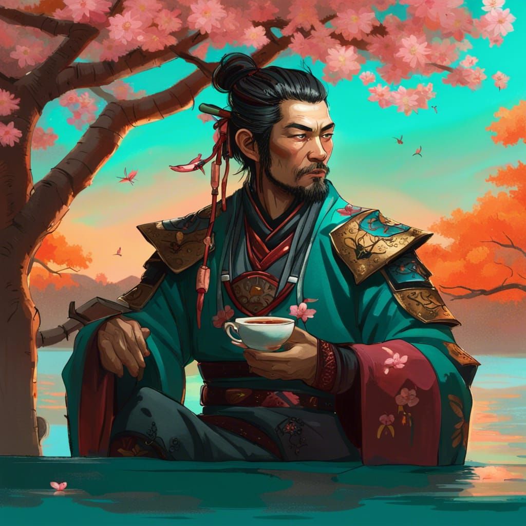 High Gothic Samurai Enjoys Tea Under Cherry Blossoms
