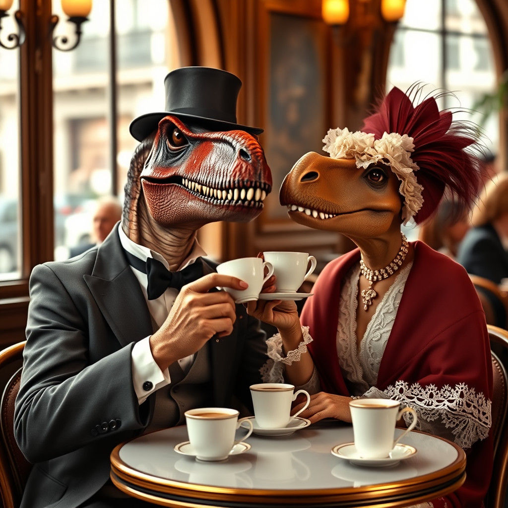 Dinosaur Couple at Parisian Cafe: A Romantic Portrait