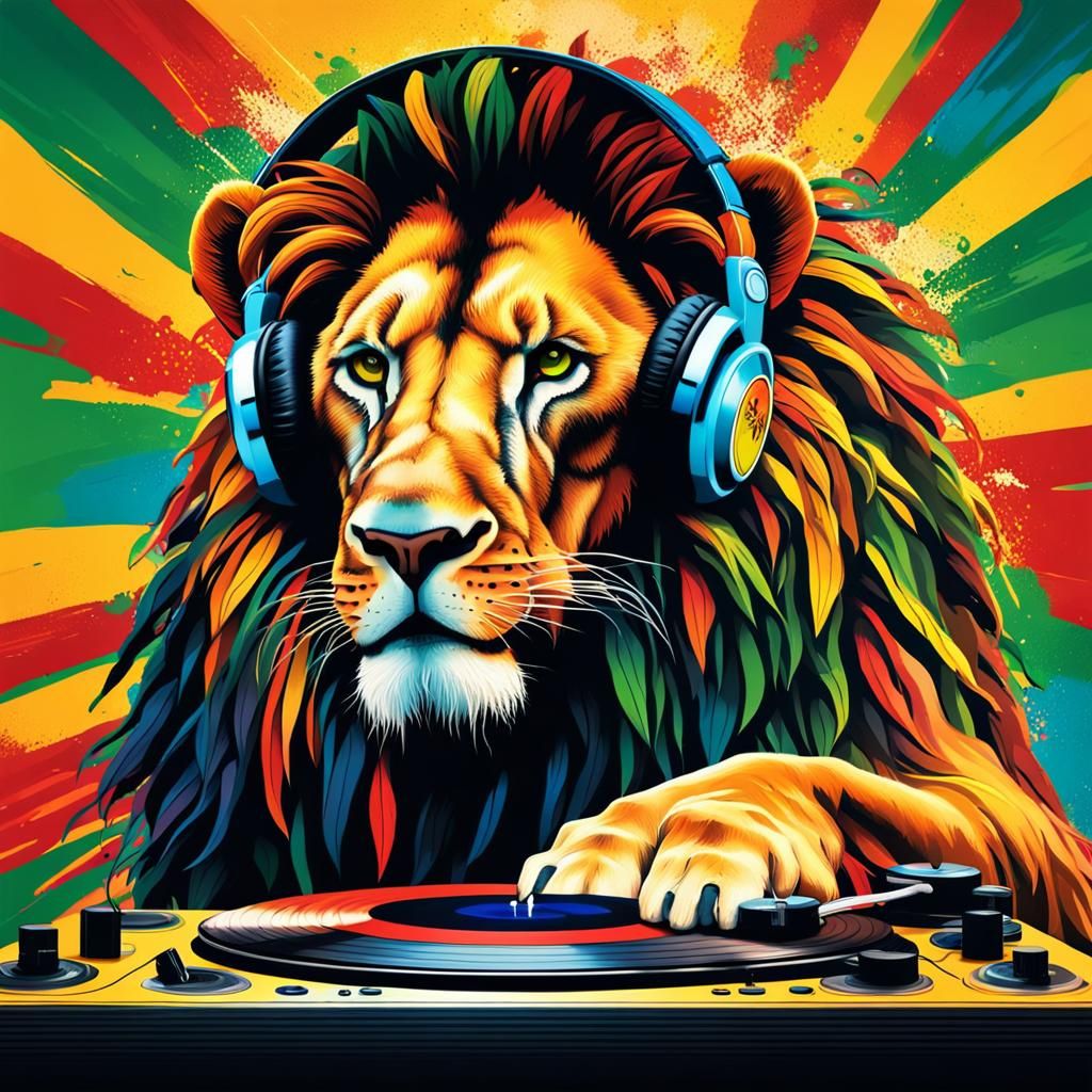 Reggae Lion of Judah DJ in Hyperrealistic Splash Art