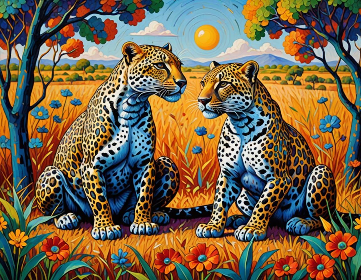 Tinga Tinga Leopards Play: Neo-Impressionist Oil Painting