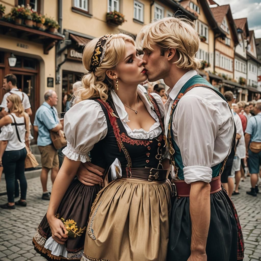 Oktoberfest Kiss: Boy in Dirndl, German Town