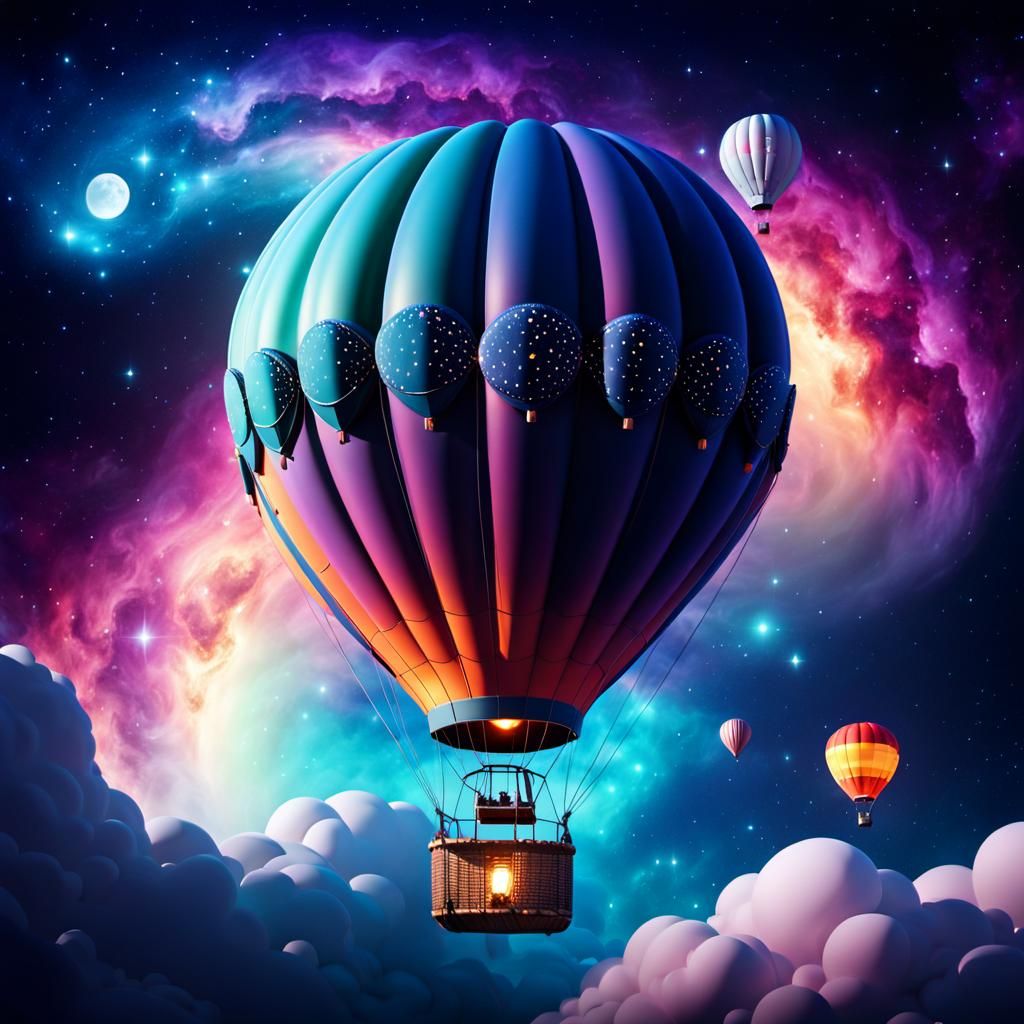 Moon Hot Air Balloon in Space: 3D Digital Art