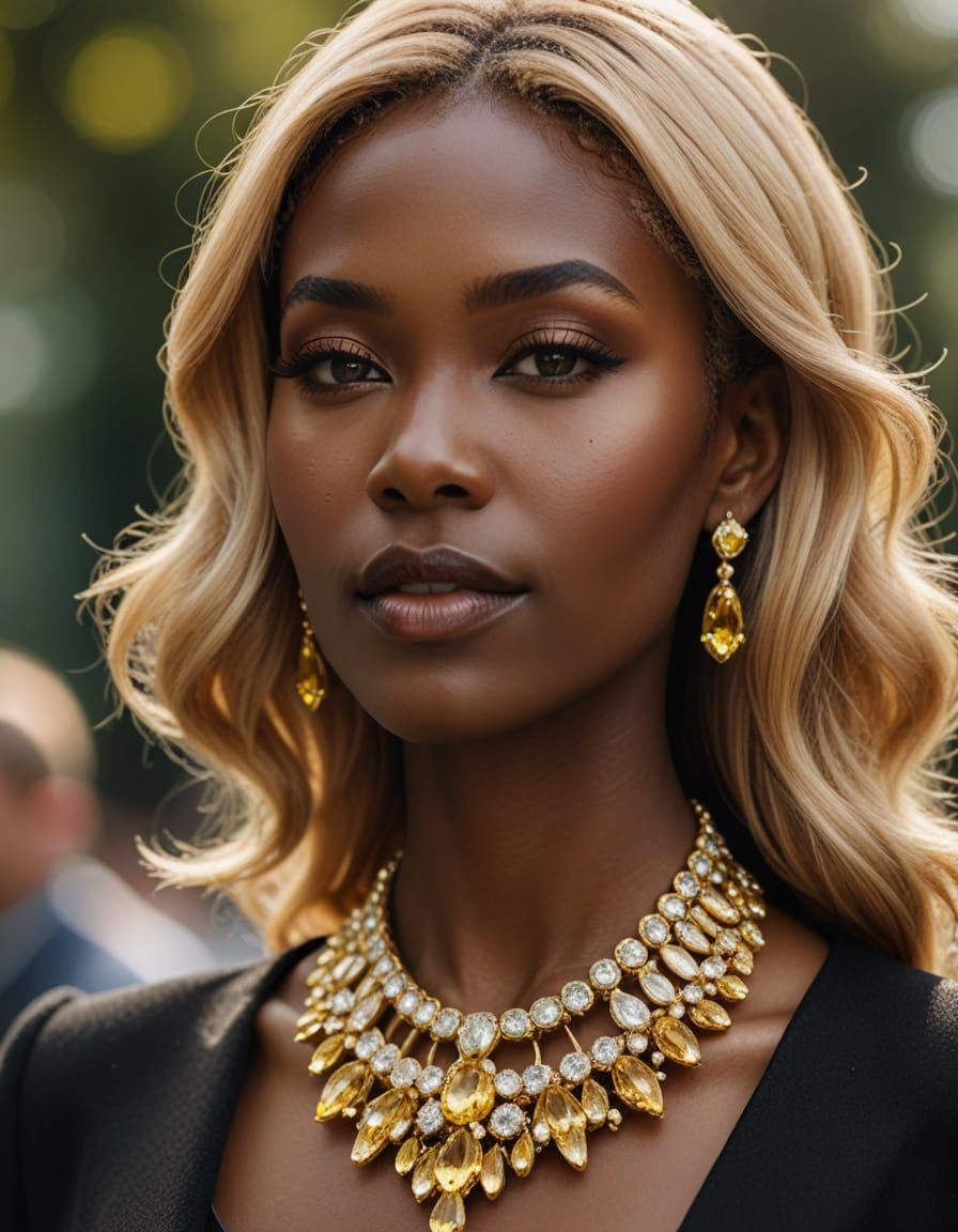 Blonde Woman in Sphene Collar: Luxury Jewelry Portrait