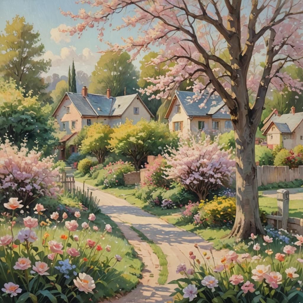 Impressionist Village Scene with Postcard in Bloom