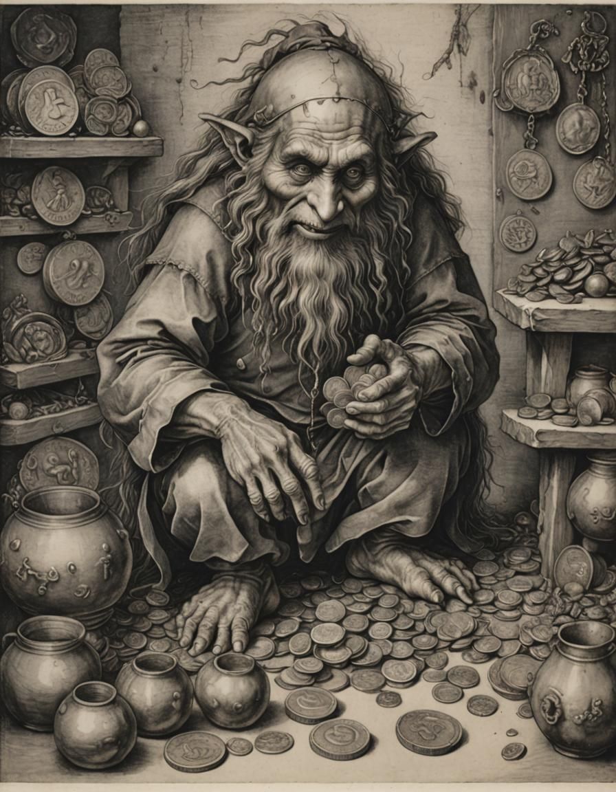 Troll Counting Coins: A Charcoal Drawing in Renaissance Styl...