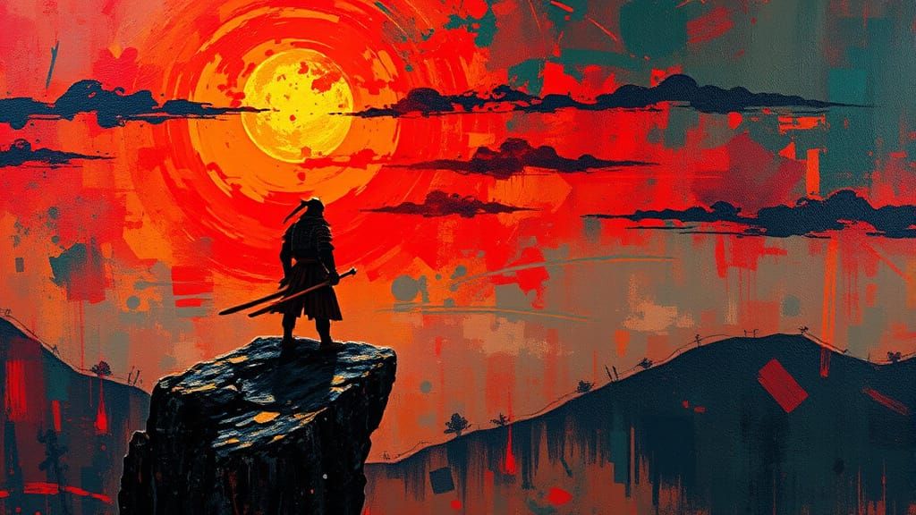 Shogun Samurai at Sunrise: Expressionist Oil Painting