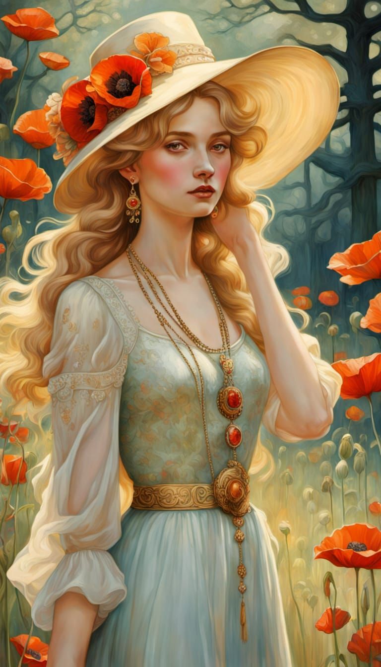 Art Nouveau Lady with Poppies in Golden Hour Light