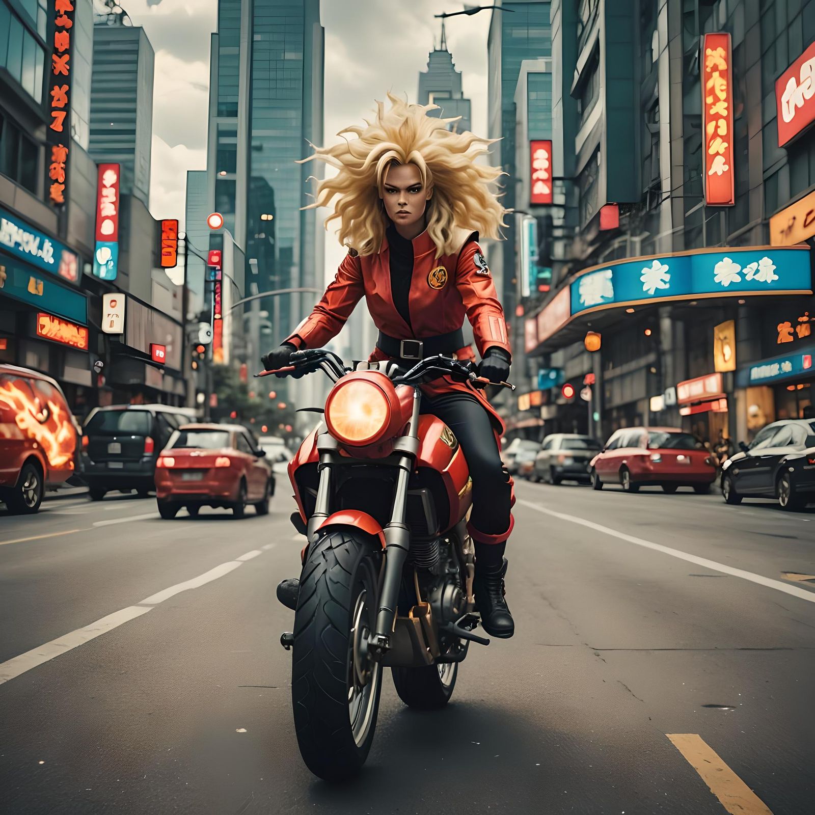 Woman on Superbike in Futuristic Cityscape