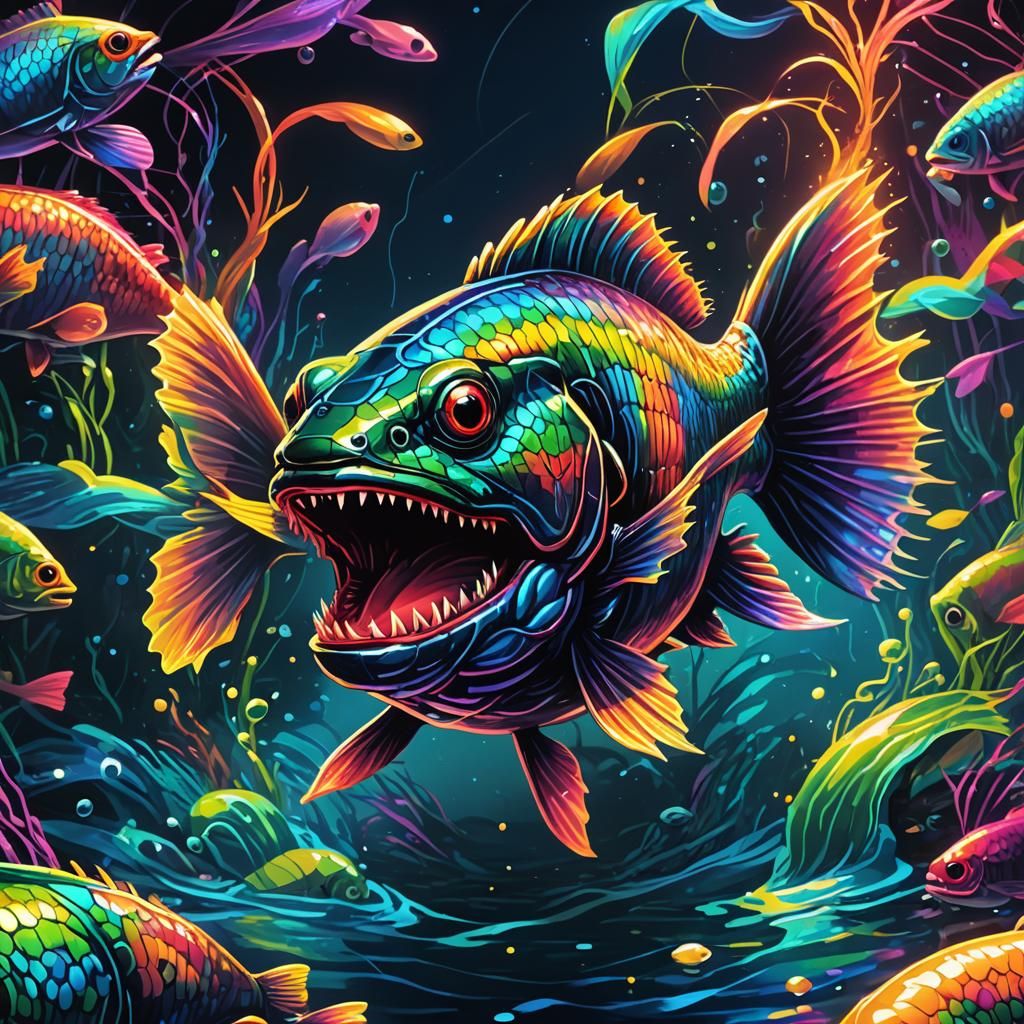 Rainbow Piranha Leaping: Vibrant Sci-Fi Illustration