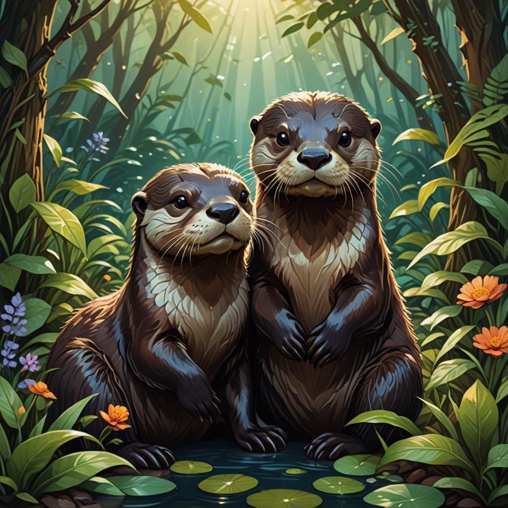 Adorable Cartoon Otters in Heartwarming Embrace