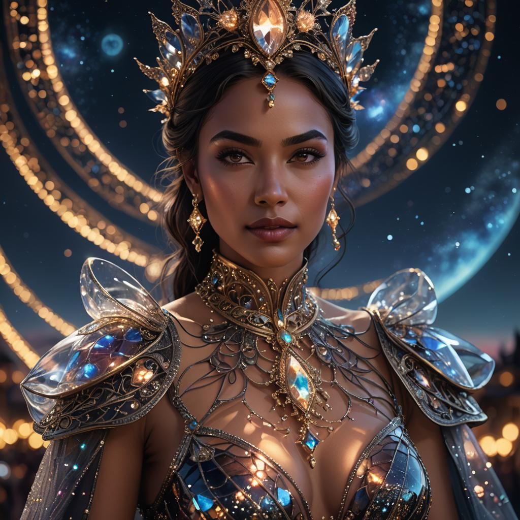 Woman in Glass Dress Against Night Sky