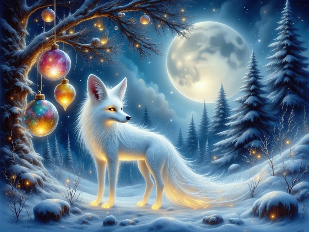 Crystal Arctic Fox in Snowy Forest Oil Painting