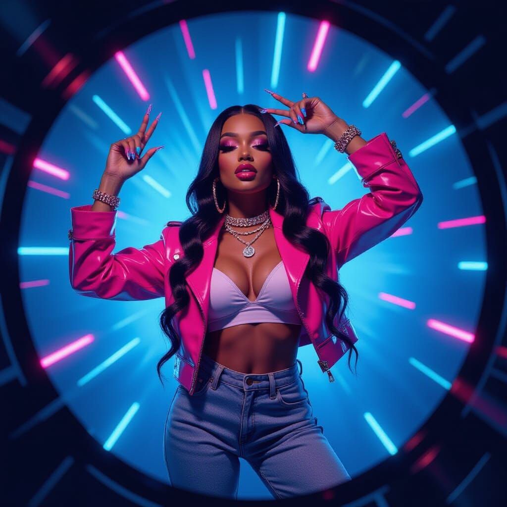 Energetic Ice Spice Portrait in Neon Digital Art Style