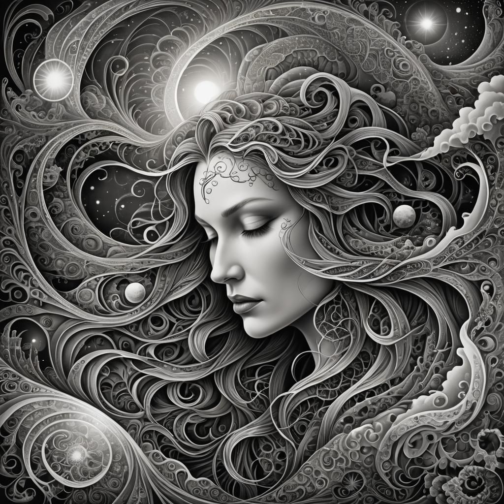 Abstract Sleeping Sun Fractal in Charcoal Style