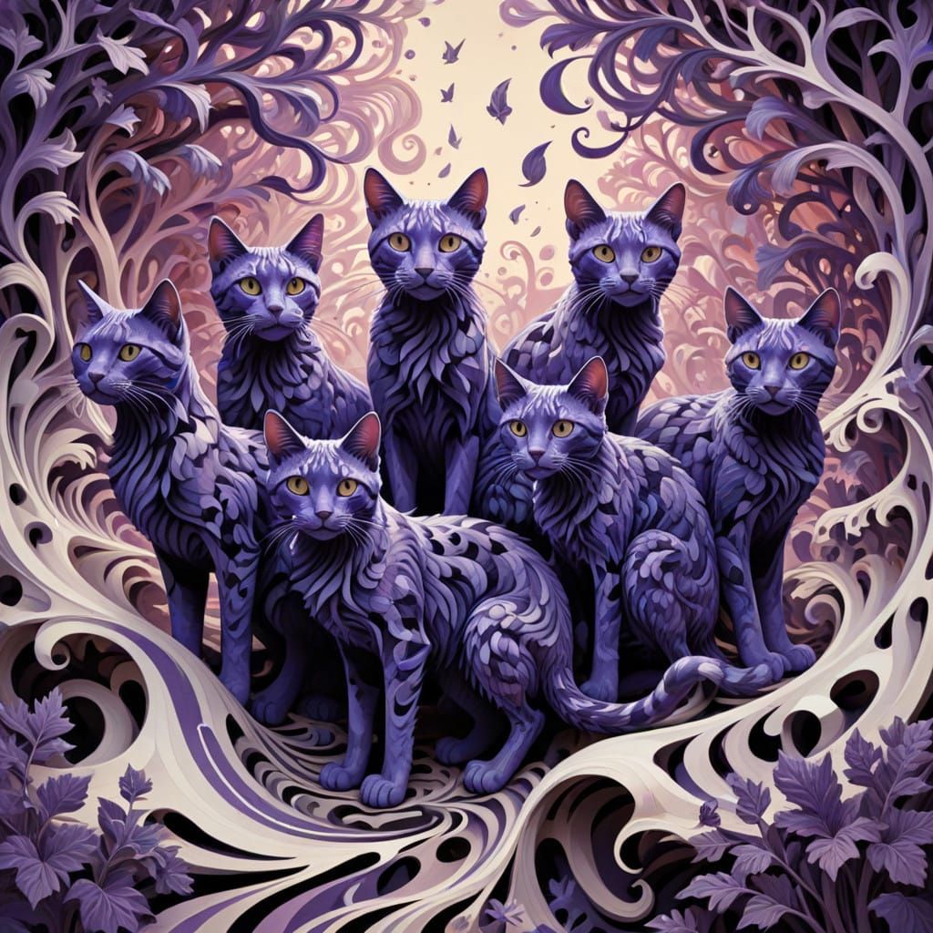 Dreamlike Purple Cats Dance Amidst Fractal Landscape