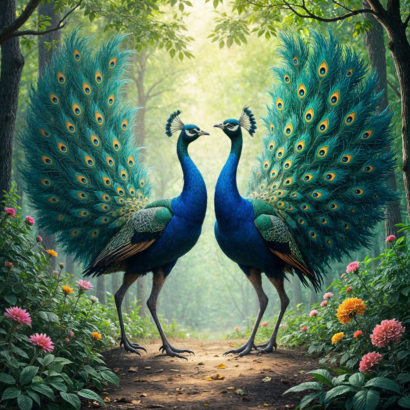 Peacocks Dancing in Vibrant Forest Glade