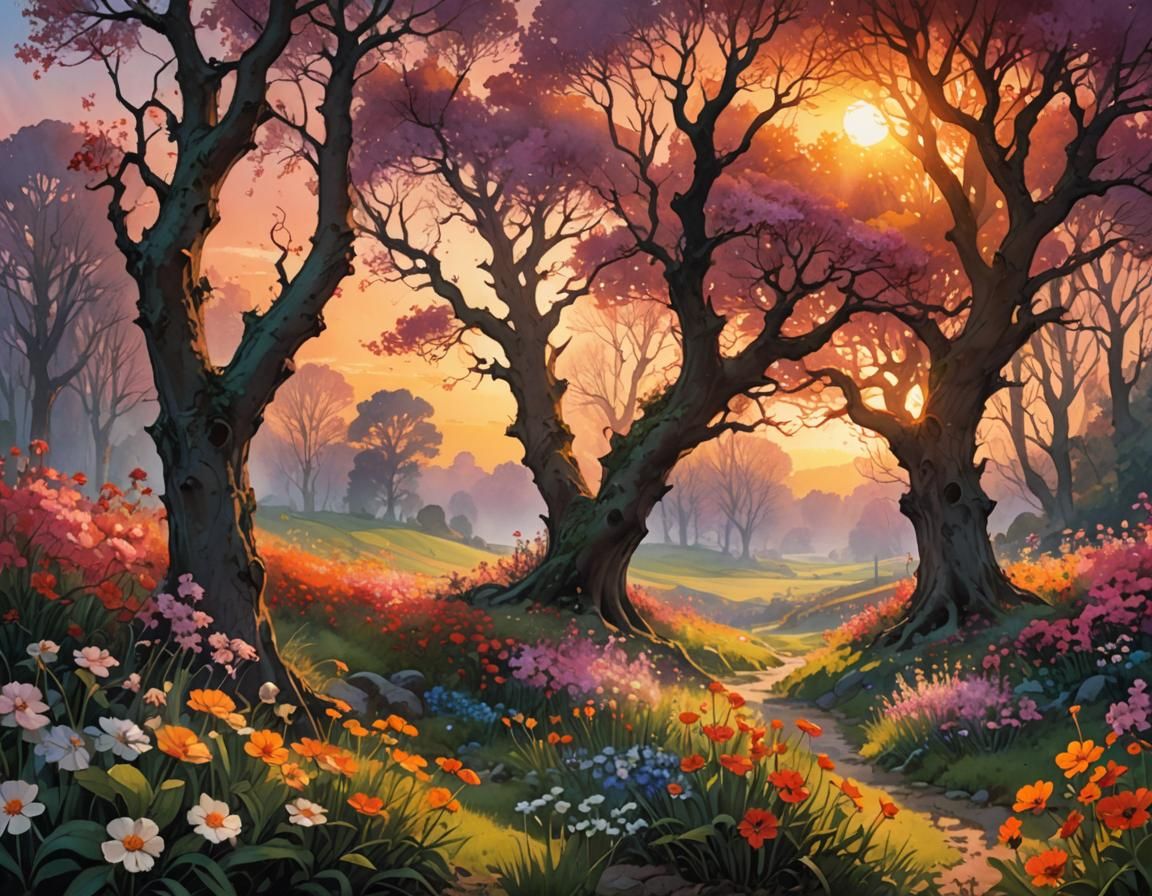 Vibrant Springscape in Watercolor Style