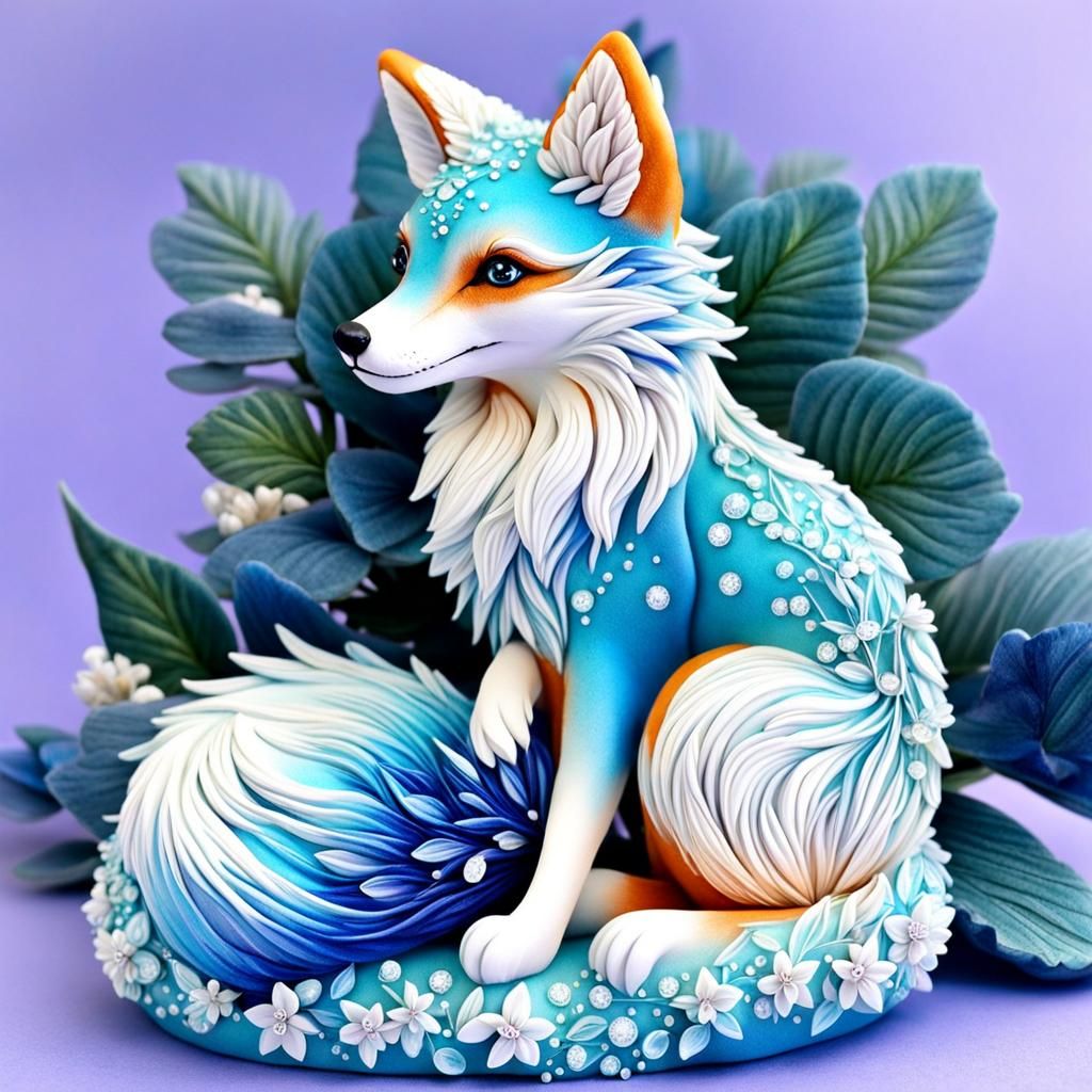 Intricate Polymer Clay Fox Sculpture with Crystalline Aura