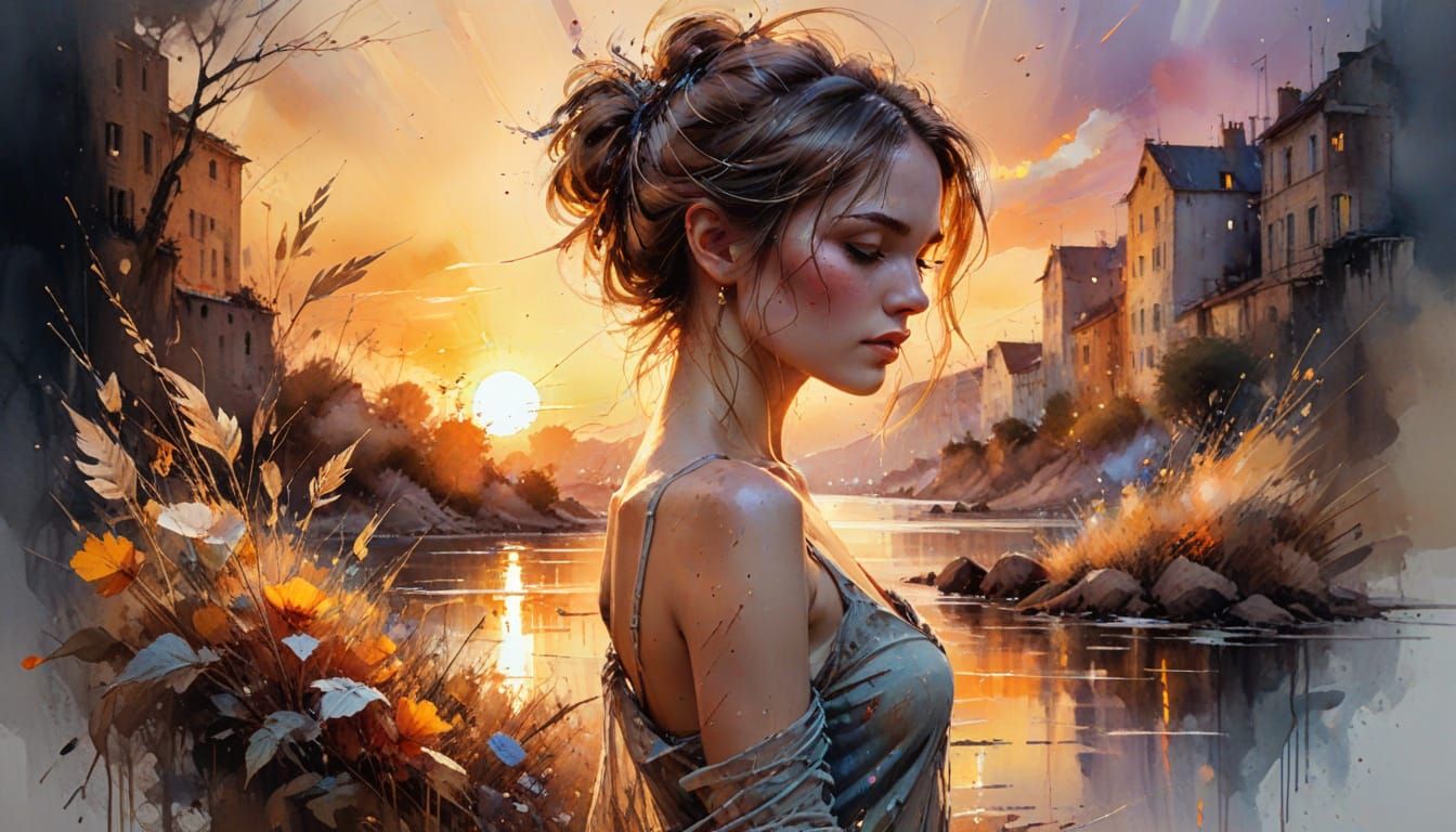 Sunset Scene in Watercolor Style with Golden Lighting