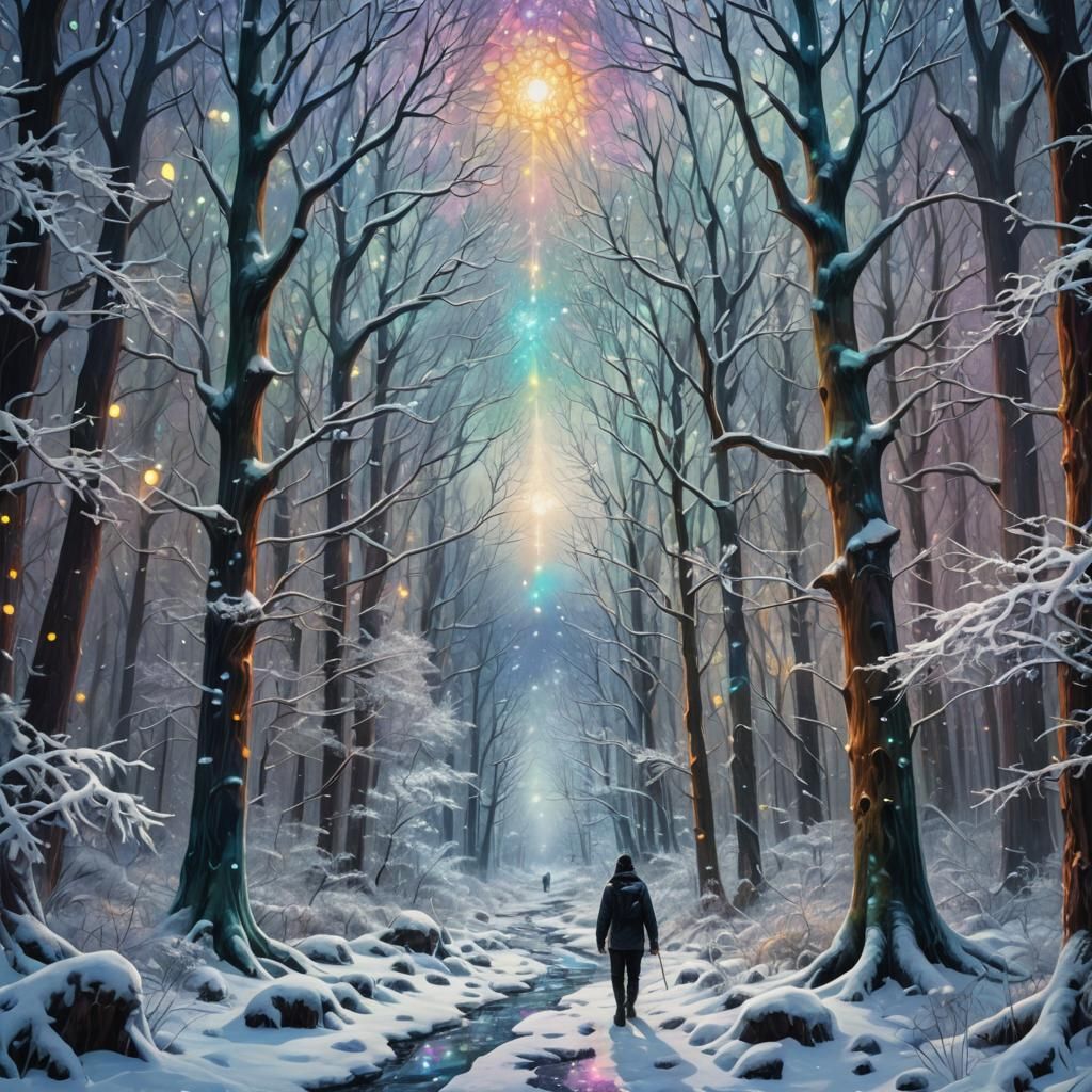 Snowy Forest Scene in Astral Cosmic Style