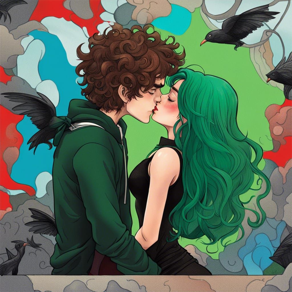 Blue-haired Witch Kissing a Man: Hyperrealistic Art