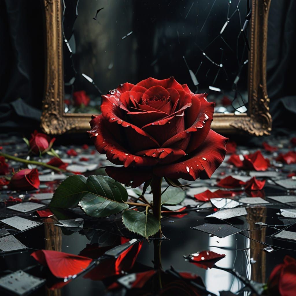 Surreal Red Rose on Shattered Mirror