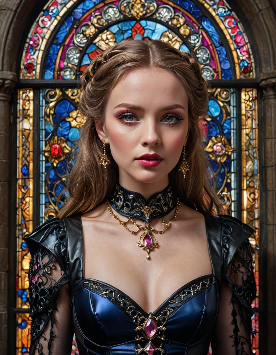 Eerie Gothic Ladies in Stained Glass, Hyperrealistic Portrai...