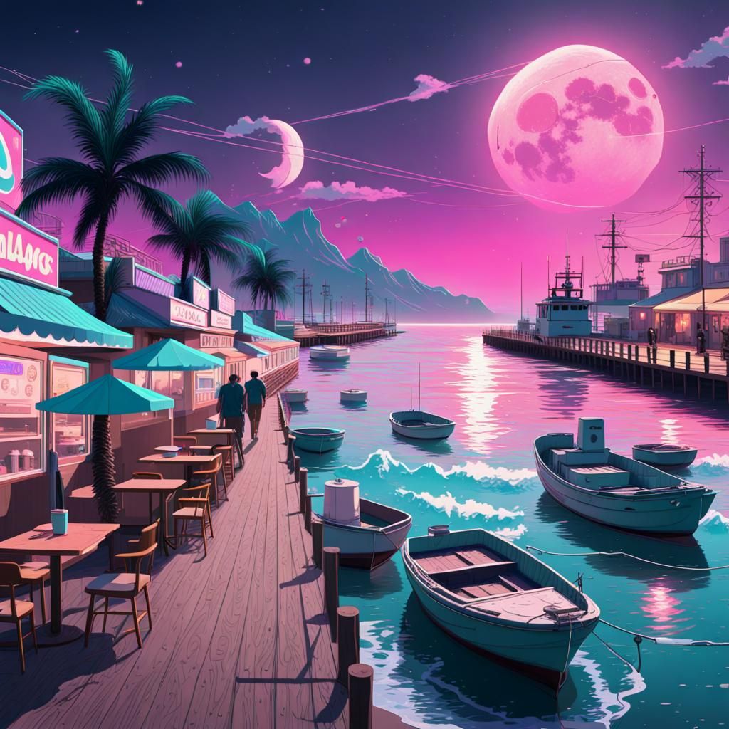 Vaporwave Beach Scene with Retro 80s Vibe