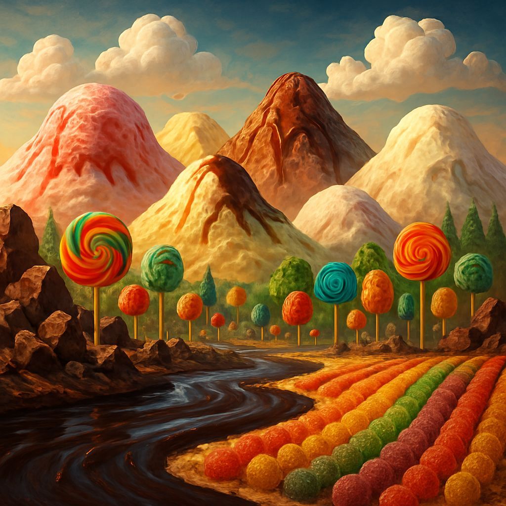 Hyperrealistic Candy Mountain Landscape Panorama