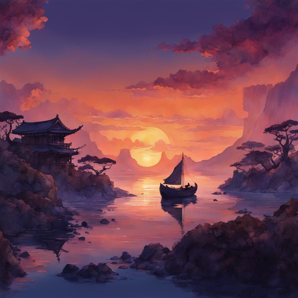Serene Sunset on Japanese Coastline in Watercolor Style