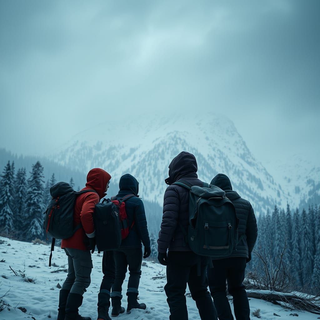 Hikers Stand at Base of Snow-Covered Mountain in Haunting Wi...