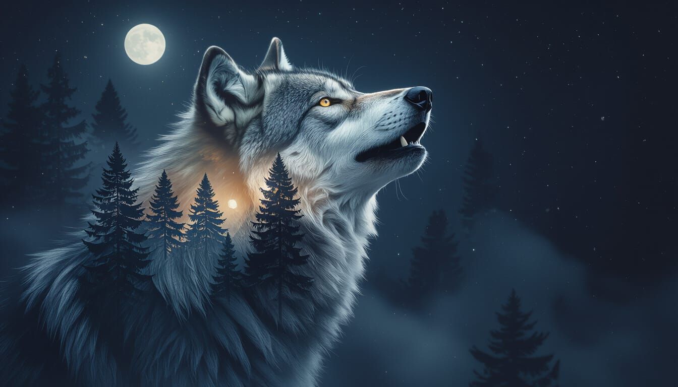 Majestic Wolf Howling in Double-Exposure Forest Attire